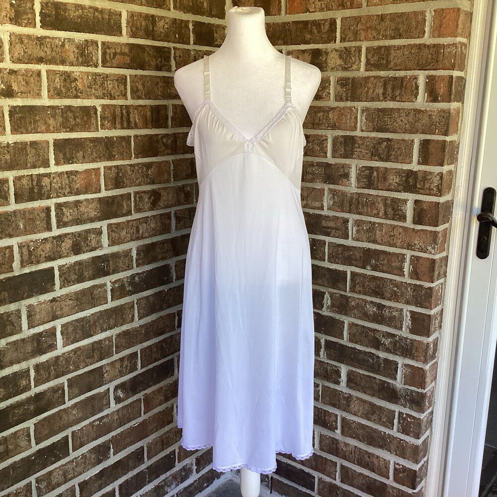 Vintage Shadowline White Midi Slip Dress Size 36 Tall Made USA Adjustable Straps
